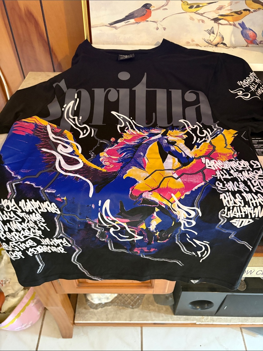 Black Graphic Short Sleeve Tee with Colorful Horse Print